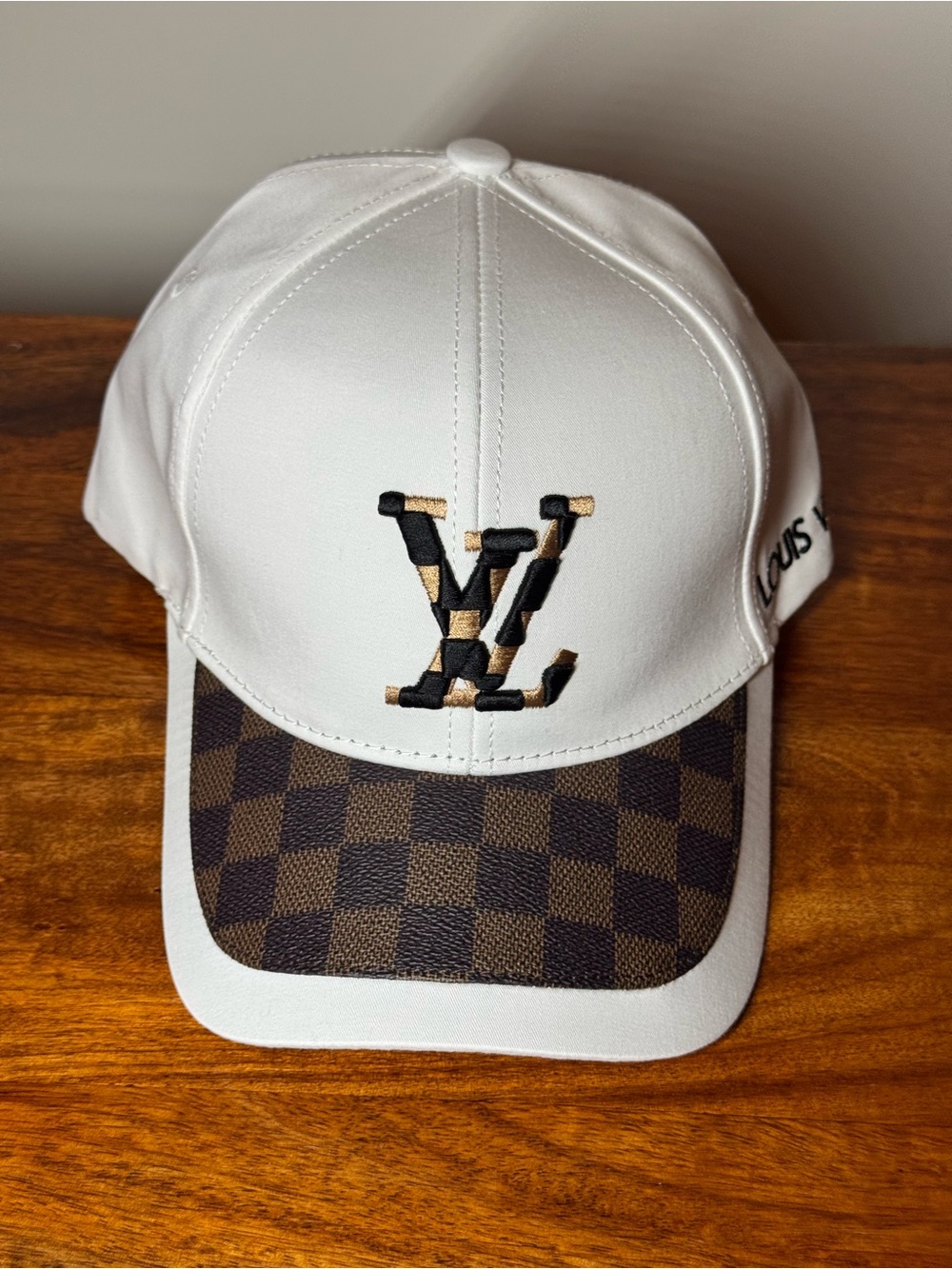 White Baseball Cap with Brown Checker. No Brand.